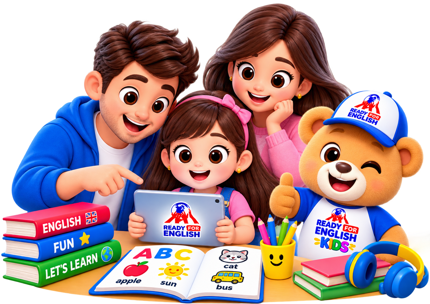Familia aprendiendo inglés